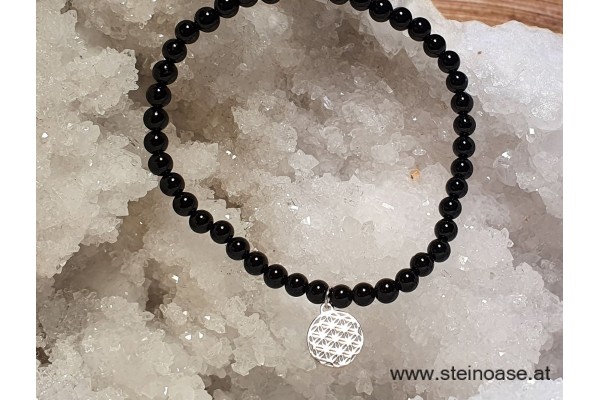 Armband Onyx + Blume d.Lebens, Silber 